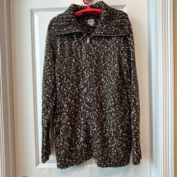 Chico's Brown White Fleck Full Zip Wool Blend Turtleneck Sweater Sz 3/XL Heavy - Picture 1 of 9
